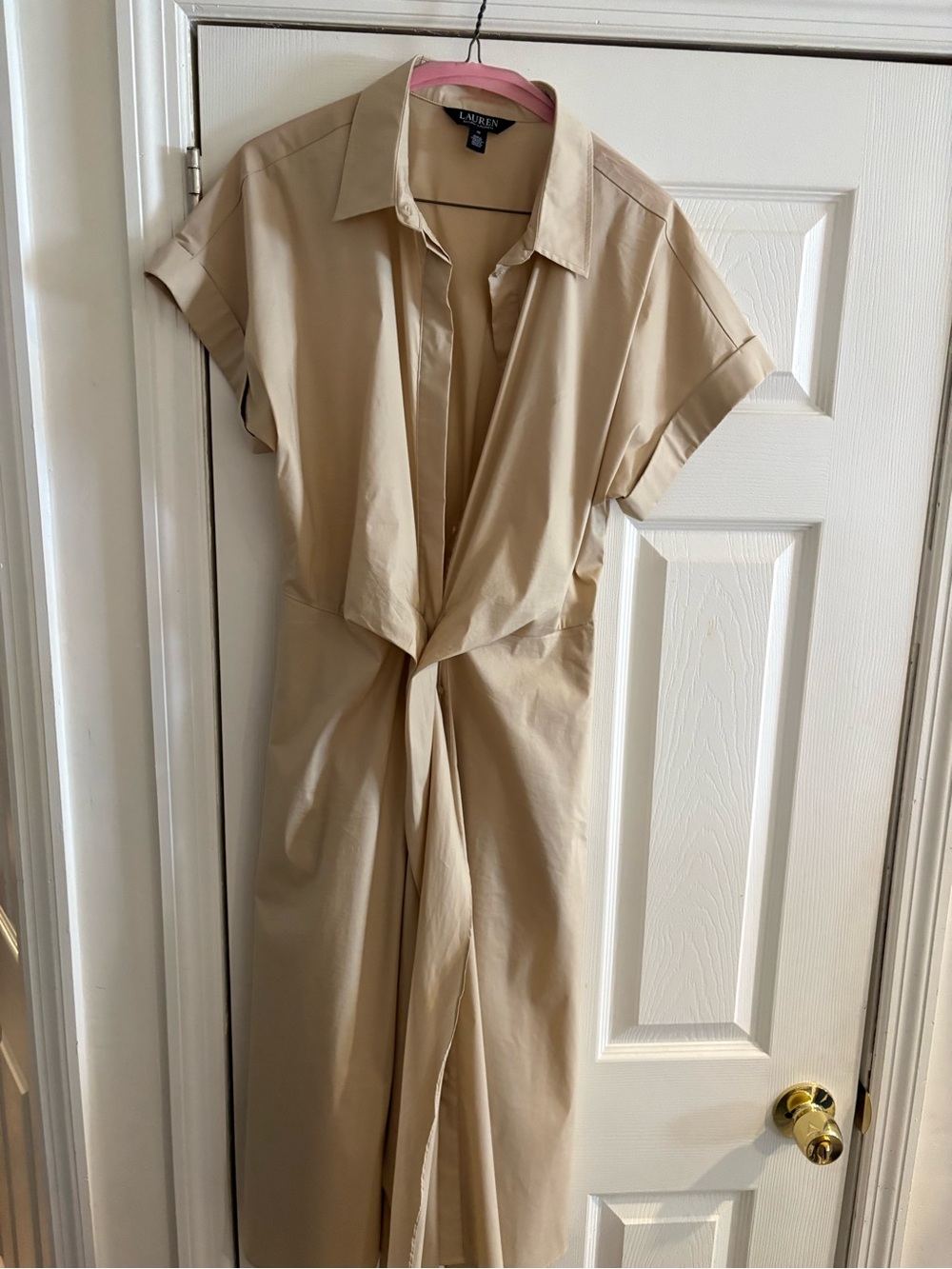 Lauren Ralph Lauren Beige Tie-Front Midi Shirt Dress